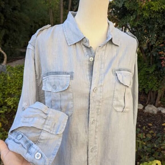 Unbranded Other - BLUE brand Men's XXL Slim Fit 100% LINEN Saks 5th Ave Long Sleeve Button Up Grey